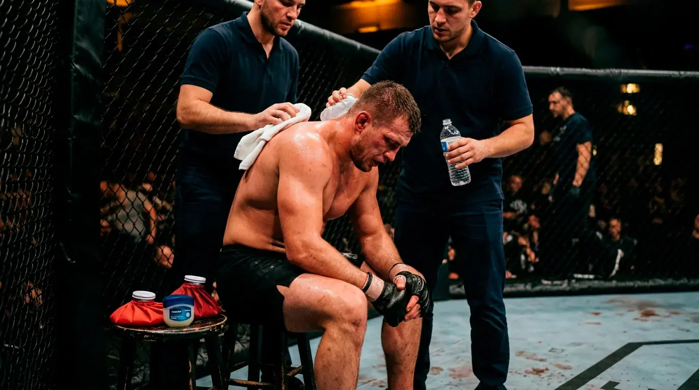 UFC fighter seated on the stool between rounds with cornermen attending, towel and water bottle visible, UK pay-per-view broadcast context