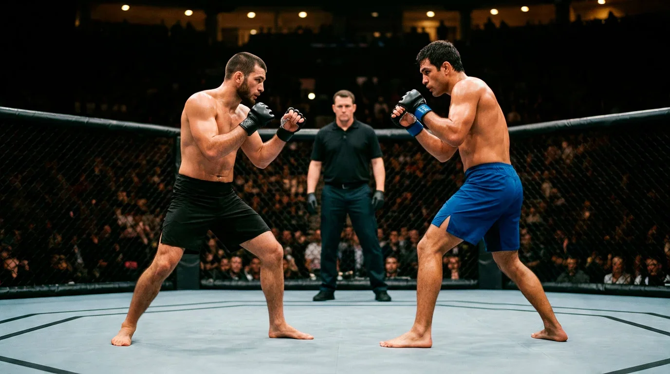 Two UFC fighters in stance across the octagon at the start of a round under UK fight-night lighting