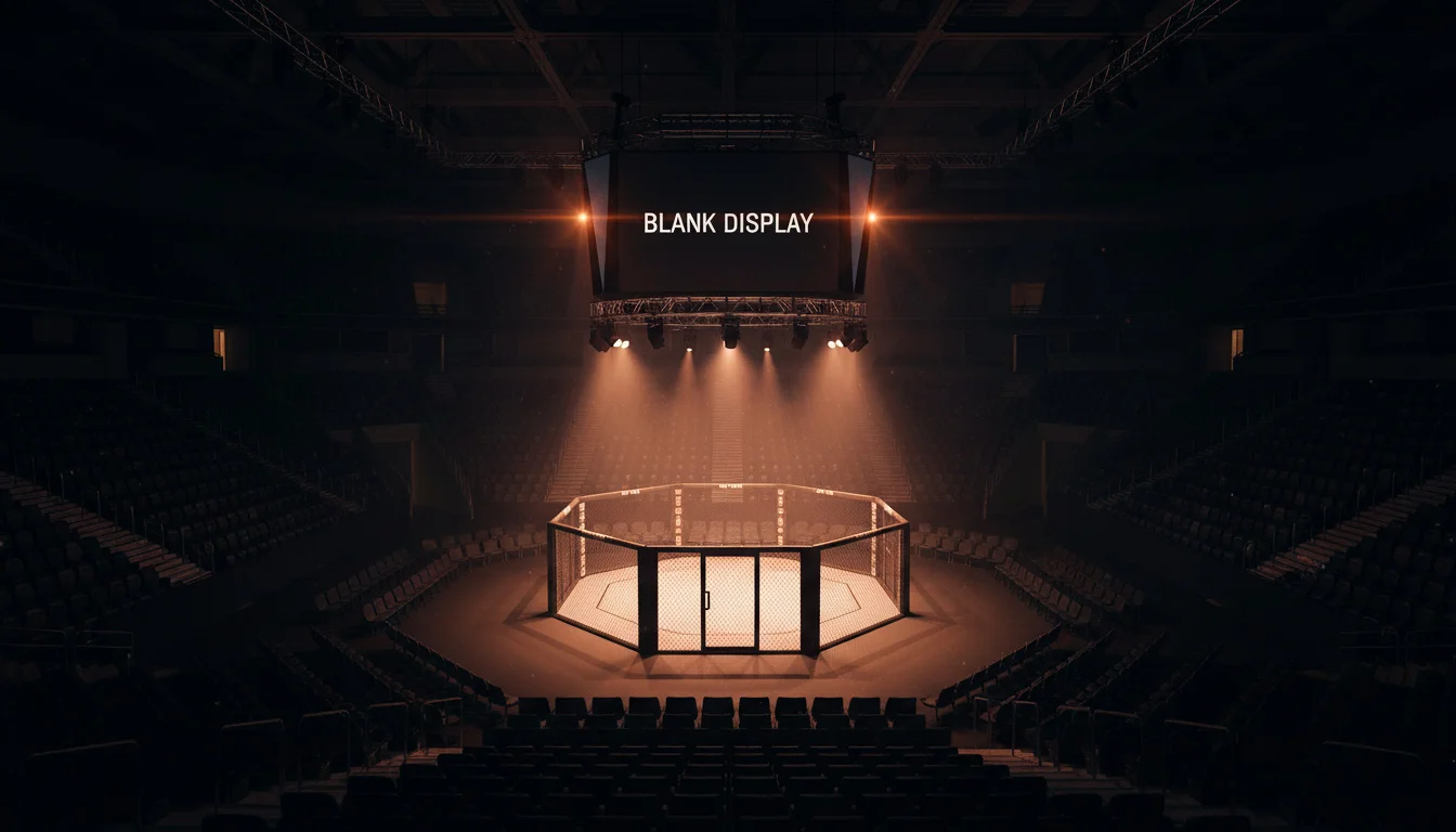 Wide interior shot of a UFC octagon with the cage and scoreboard visible before a scheduled five-round main event